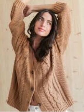 Jenni Kayne Camel Cable Knit Button-Front Cardigan